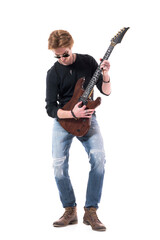 Young rock music man playing electric guitar solo practicing. Full body length isolated on white background. 