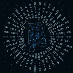 Alabama digital map. Binary rays radiating around glowing US state. Internet connections and data exchange design. Vector illustration.