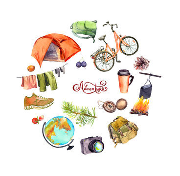 Travel design, tourist poster. Tent, camp fire, pot, cup, compass, bicycle, backpack, other touristic elements. Hand painted watercolor with text Adventure