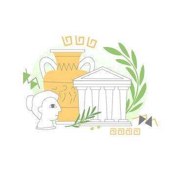 Composition about the Greek culture. Sculpture, temple, vase, olive branch, laurel wreath. Travel advertisement, picture for poster, image for article about the history or culture of Greece