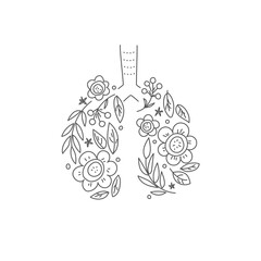 Lungs vector. Human internal organ. Linear doodle style. Ornament of leaves and flowers
