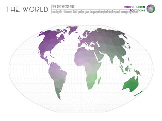 Polygonal map of the world. McBryde-Thomas flat-polar quartic pseudocylindrical equal-area projection of the world. Purple and Green colored polygons. Neat vector illustration.