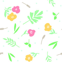 Seamless pattern with flowers, leaves, herbs, twigs