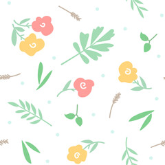 Seamless pattern with flowers, leaves, herbs, twigs
