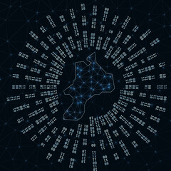 Mayreau digital map. Binary rays radiating around glowing island. Internet connections and data exchange design. Vector illutration.