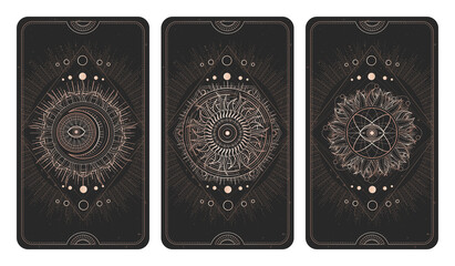 Vector set of three dark illustrations with sacred geometry symbols, grunge textures and frames.