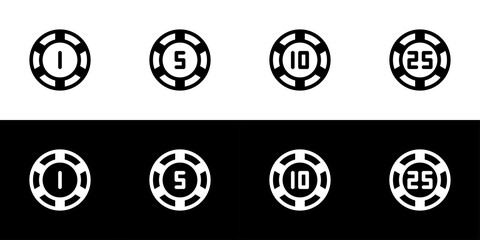 Poker chip icon set. Flat design icon collection isolated on black and white background.