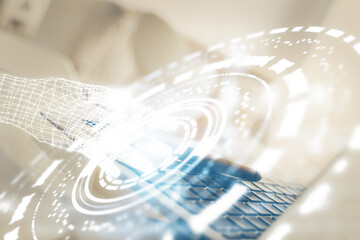 Multi exposure of desktop with personal computer and tech theme drawing. Concept of Bigdata.