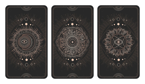 Vector set of three dark illustrations with sacred geometry symbols, grunge textures and frames.