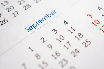 September calendar page with months and dates business planning appointment meeting concept