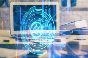 Multi exposure of desktop computer and technology theme hologram. Concept of software development.