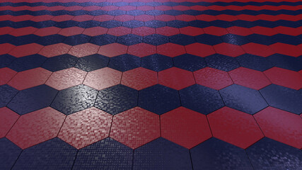 Hexagonal Patterns blue and red uniformed, 3d render illustration front top view