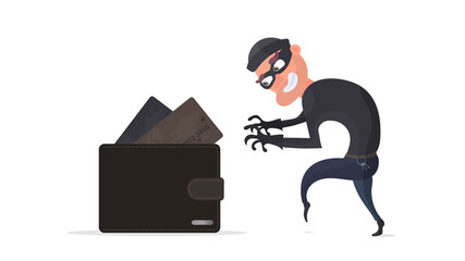 A thief steals a credit card wallet. A criminal steals a man’s wallet. The concept of fraud, fraud and fraud with money. Isolated. Vector.