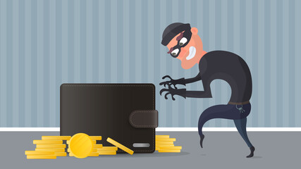 Thief steals a wallet with gold coins. A criminal steals a men's wallet. The concept of fraud, fraud and money fraud. Vector.