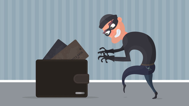 A thief steals a credit card wallet. A criminal steals a man’s wallet. The concept of fraud, fraud and fraud with money. Vector.
