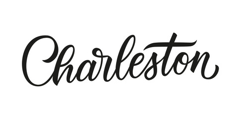 Obraz premium Charleston handwritten inscription. Charleston city name hand drawn lettering isolated on white background. Calligraphic element for your design. Vector illustration.