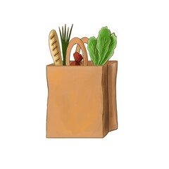 Shopping bag with food. Food delivery concept. Bread, spinach, leek. Illustration on a white background