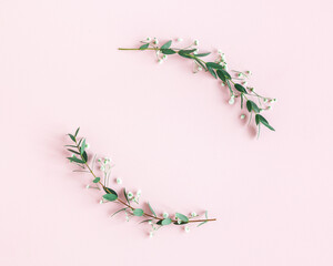 Flowers composition. Wreath made of gypsophila flowers, eucalyptus leaves on pink background. Spring concept. Flat lay, top view