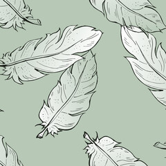 Seamless pattern - square size illustration of feathers in green color