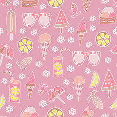Vintage fresh hand drawn summer articles like ice creams, lemons, sunglasses, fish, lemonade vector repeating pattern on pink background