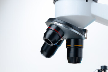Scientific microscope lenses close up. Laboratory equipment