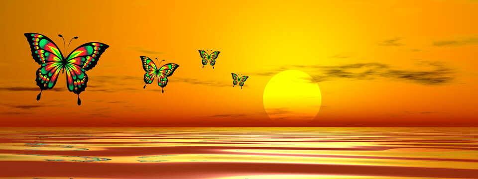 Row of butterflies flying upon the ocean to the sun by sunset- 3D render