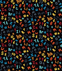 Vector seamless pattern with colorful letters of the alphabet in random order. Bright letter symbols on a dark background. Perfect for posters, fabric, textile, wrapping paper, packaging, covers.