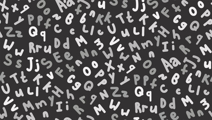 Seamless pattern with randomly scattered English letters on a dark background. Monochrome print in black and white stylish colors. Modern vector design.