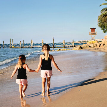 Ni&ntilde;as peque&ntilde;as paseando en la playa