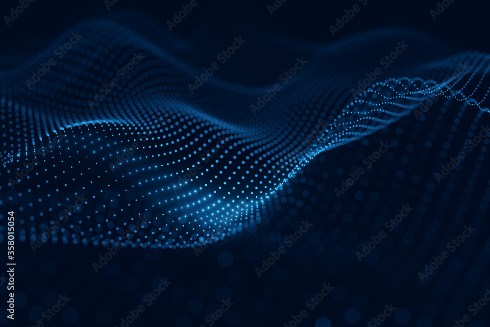 Leinwandbilder moving neon blue dots pattern forming a digital network connection on dark background