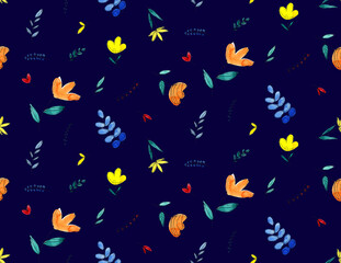 Abstract Watercolor  Flowers Leaves and Branches Doodle Sketch Repeating Pattern Isolated Background