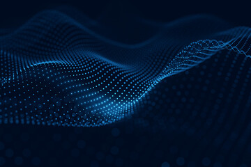 Moving neon blue dots pattern forming a digital network connection on dark background