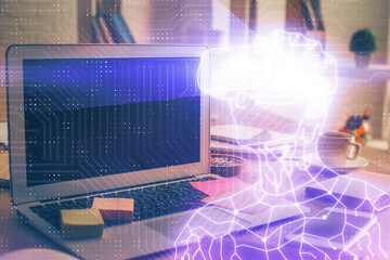 Computer on desktop with AR theme icon. Multi exposure. Concept of augmented reality.