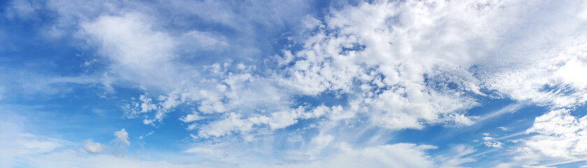 Naklejka na ściany i meble Blue sky panorama with cloud on a sunny day. Beautiful 180 degree panoramic image.
