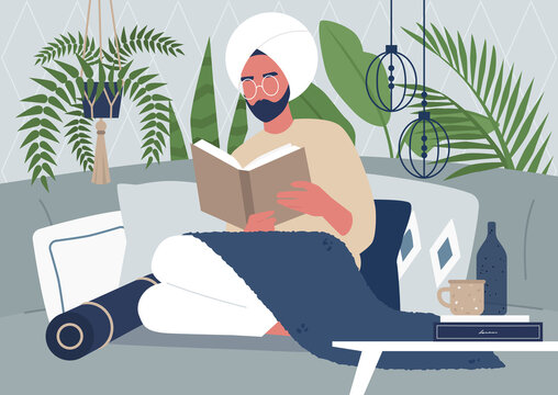 Young indian male character reading a book, cozy interior, tropical plants, pillows and boho style decorative elements, interior design