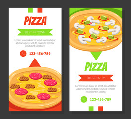 Tasty Pizza Business Card Template, Traditional Italian Food Express Delivery, Online Ordering Banner, Flyer, Coupon Vector Illustration