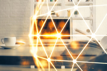 Computer on desktop with social network theme icon. Multi exposure. Concept of international connections.