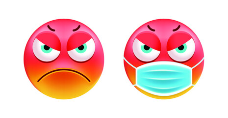 Cute Angry Emoticon with Face Mask on White Background. Isolated Vector Illustration 