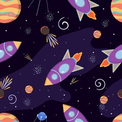 Seamless pattern with space, rockets, asteroids, planets and stars. Cosmos background. Cartoon vector illustration.