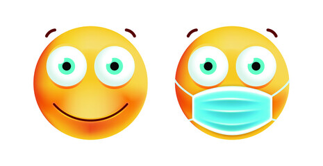 Cute Happy Emoticon with Face Mask on White Background. Isolated Vector Illustration 