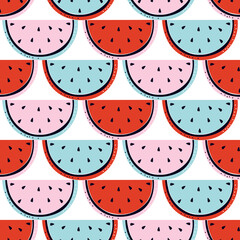 Hand drawn juicy ripe watermelon seamless pattern. Summer background of fresh fruit. Red, pink and blue watermelon slices. Colorful vector flat illustration in Scandinavian style. Trendy design.