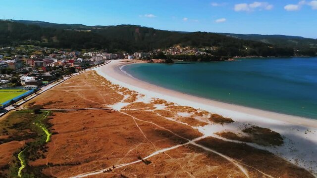 Aerial view in the  beautiful beach of Covas in Viveiro. Lugo, Galicia,Spain. Drone Video