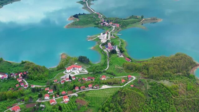 Isthmus at Ramsko lake in Bosnia and Herzegovina. Aerial view