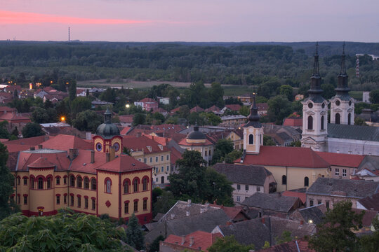 Panorama of historic town Sremski Karlovci, the delta of Danube river on the beautiful summer sunset in Serbia