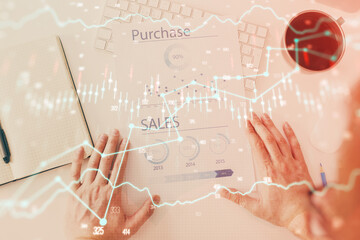 FOREX chart multi exposure with work table background.