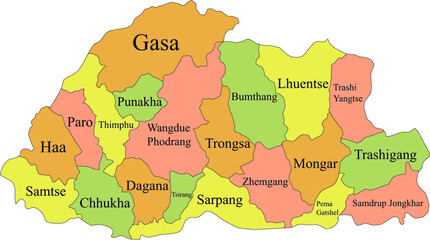 Obraz premium Pastel Colored Labeled Districts Map of Asian Country of Bhutan