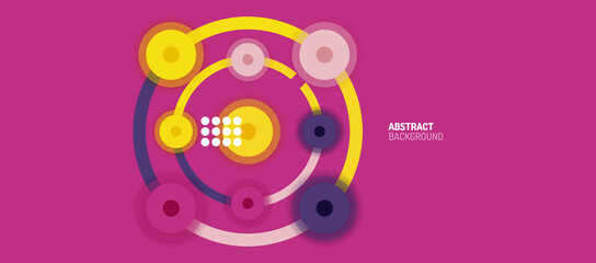 Flat style geometric abstract background, round dots or circle connections on color background. Technology network concept.