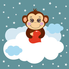 Illustration of cute monkey peeking out clouds in sky
