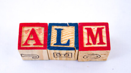 The hashtag ALM visually displayed on a clear background using colourful blocks image in horizontal...