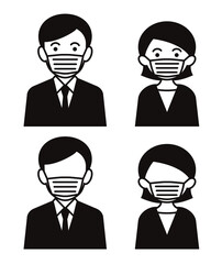 マスクをした男女のシンプルなイラスト/単色白背景